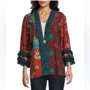 John Mark Embroidered Mixed Print Ruffled Tiered Sleeve Kimono size S